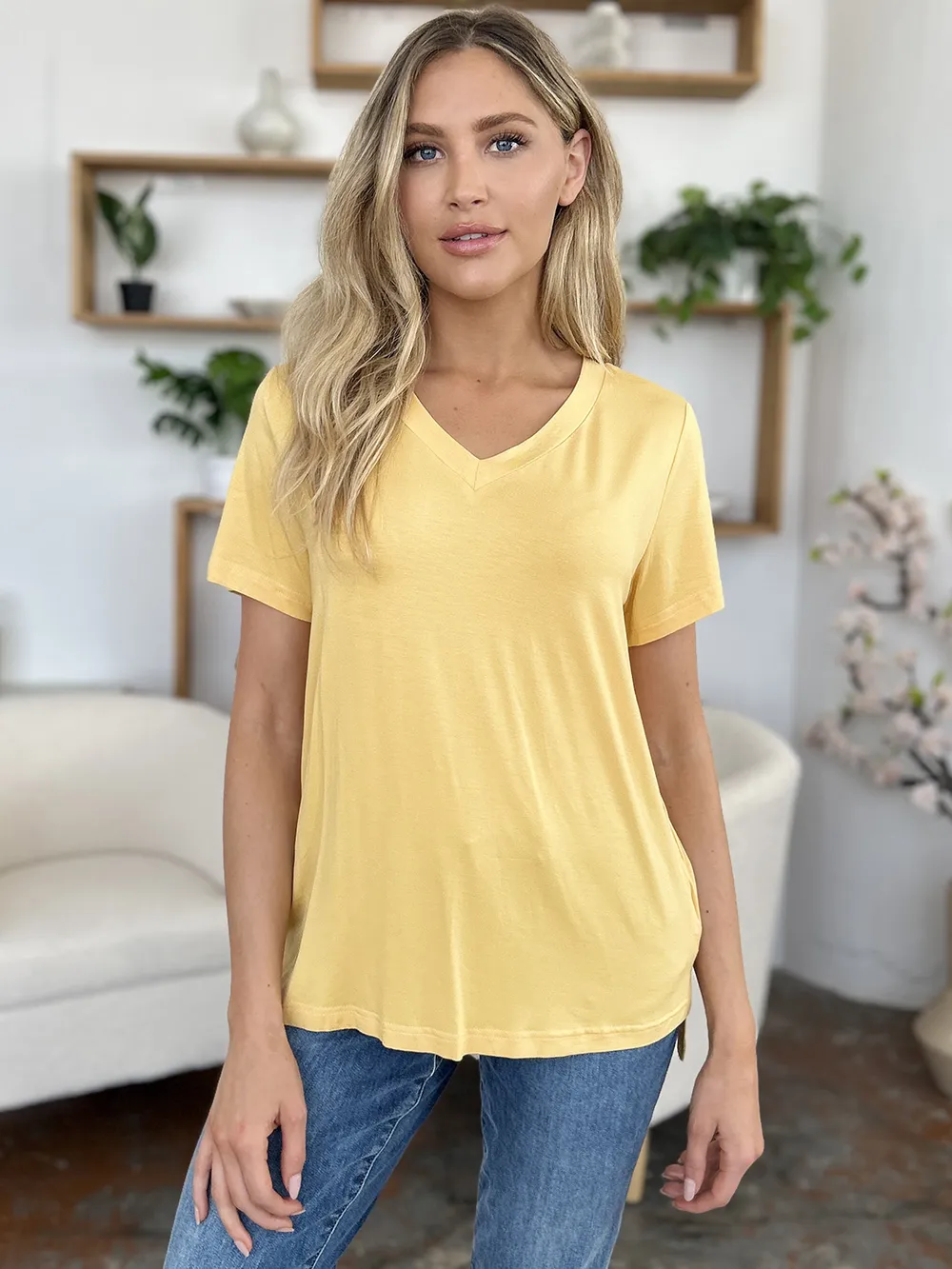 Bamboo Full Size V-Neck High-Low T-Shirt, image 2
