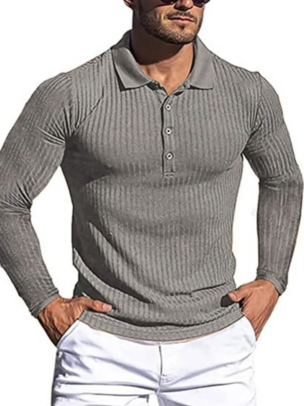 Men's Full Size Button Detail Long Sleeve Polo Plus Size, image 3