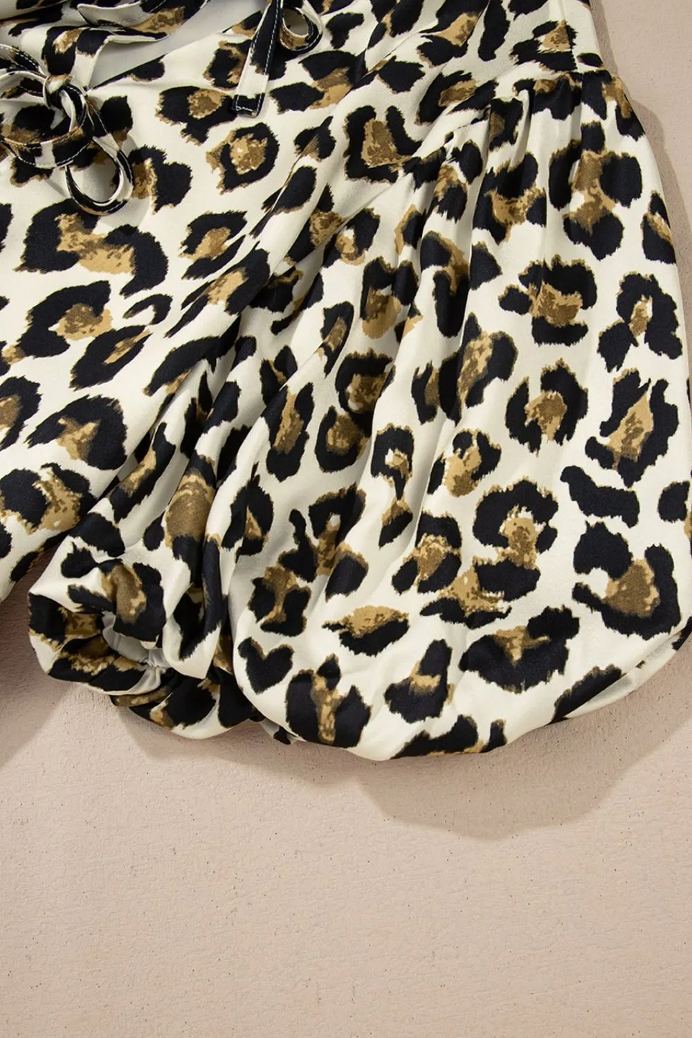 Leopard Bow Tie Front Puff Sleeve Peplum Blouse, image 3