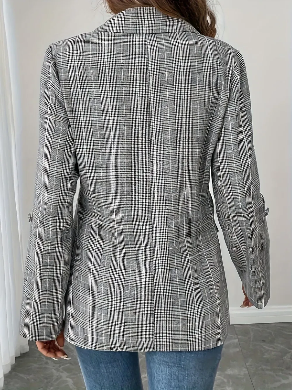 Single-Breasted Lapel Collar Plaid Blazer, image 2