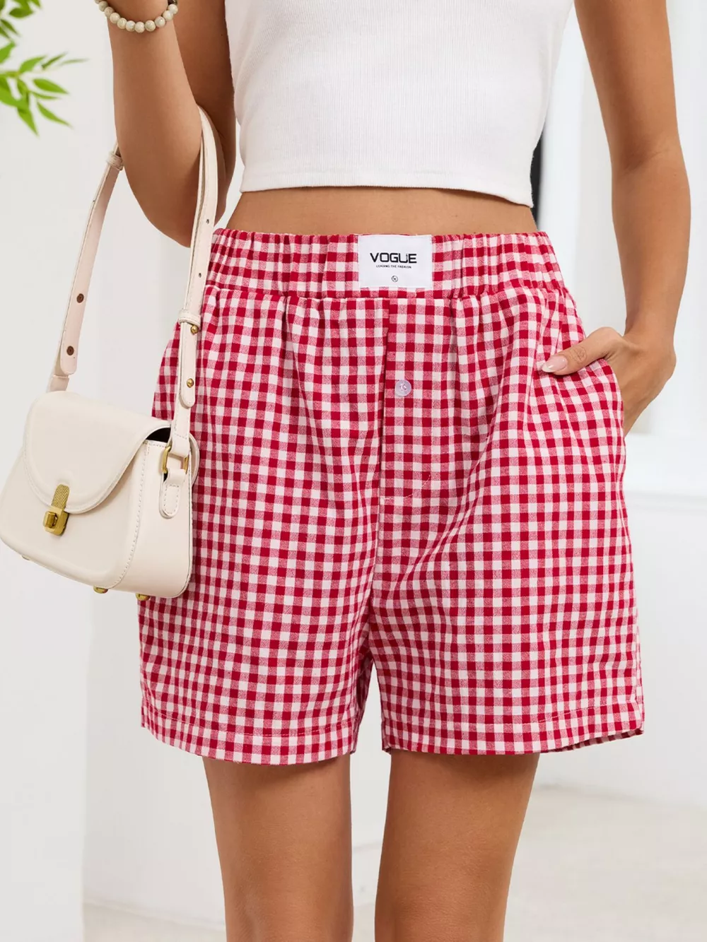 Gingham Elastic Waist Casual Shorts, image 4