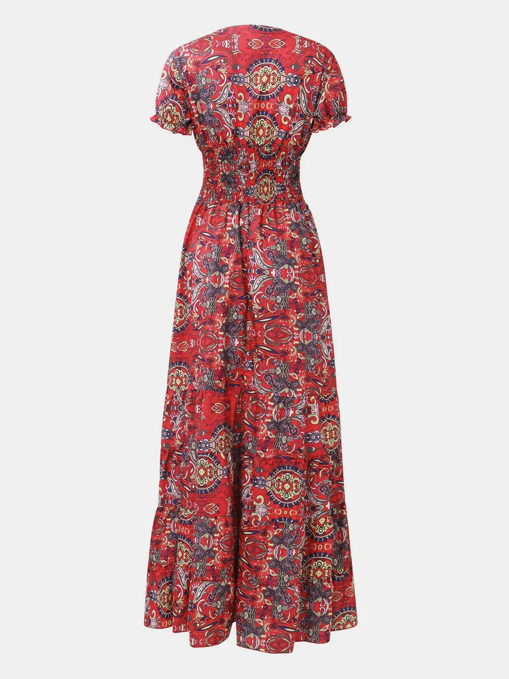 Full Size Smocked Printed V-Neck Short Sleeve Dress, image 4
