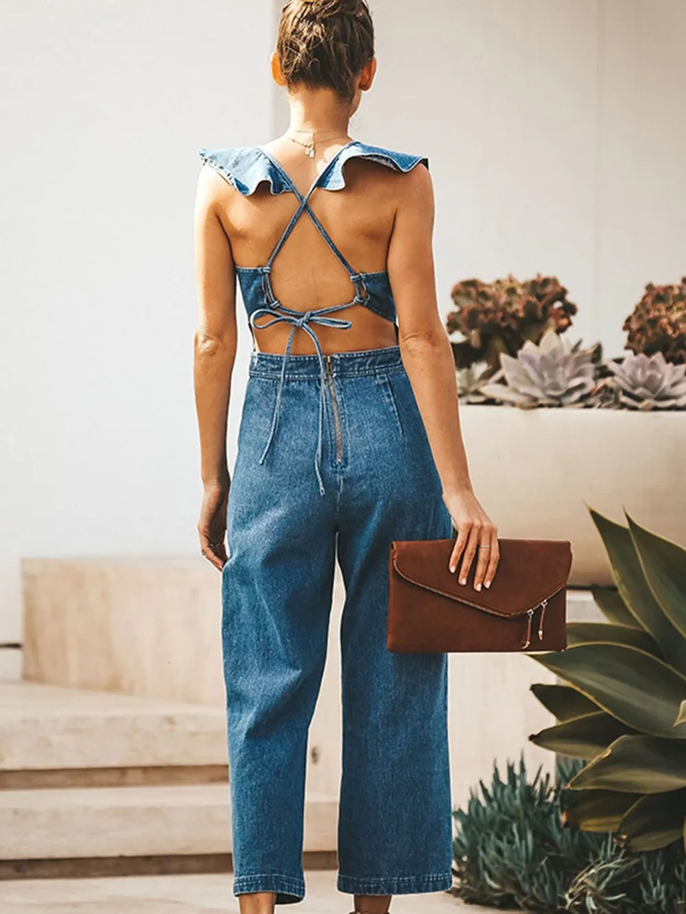 Ruffled Backless Sleeveless Denim Jumpsuit, image 2