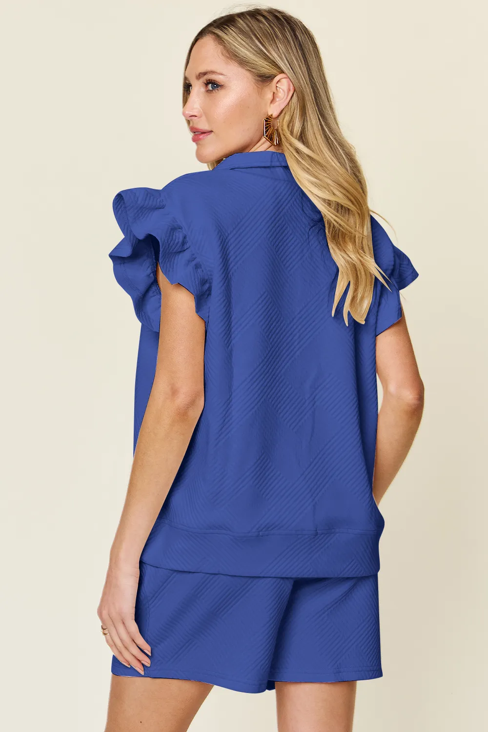 Full Size Texture Flounce Sleeve Top and Drawstring Shorts Set, image 9