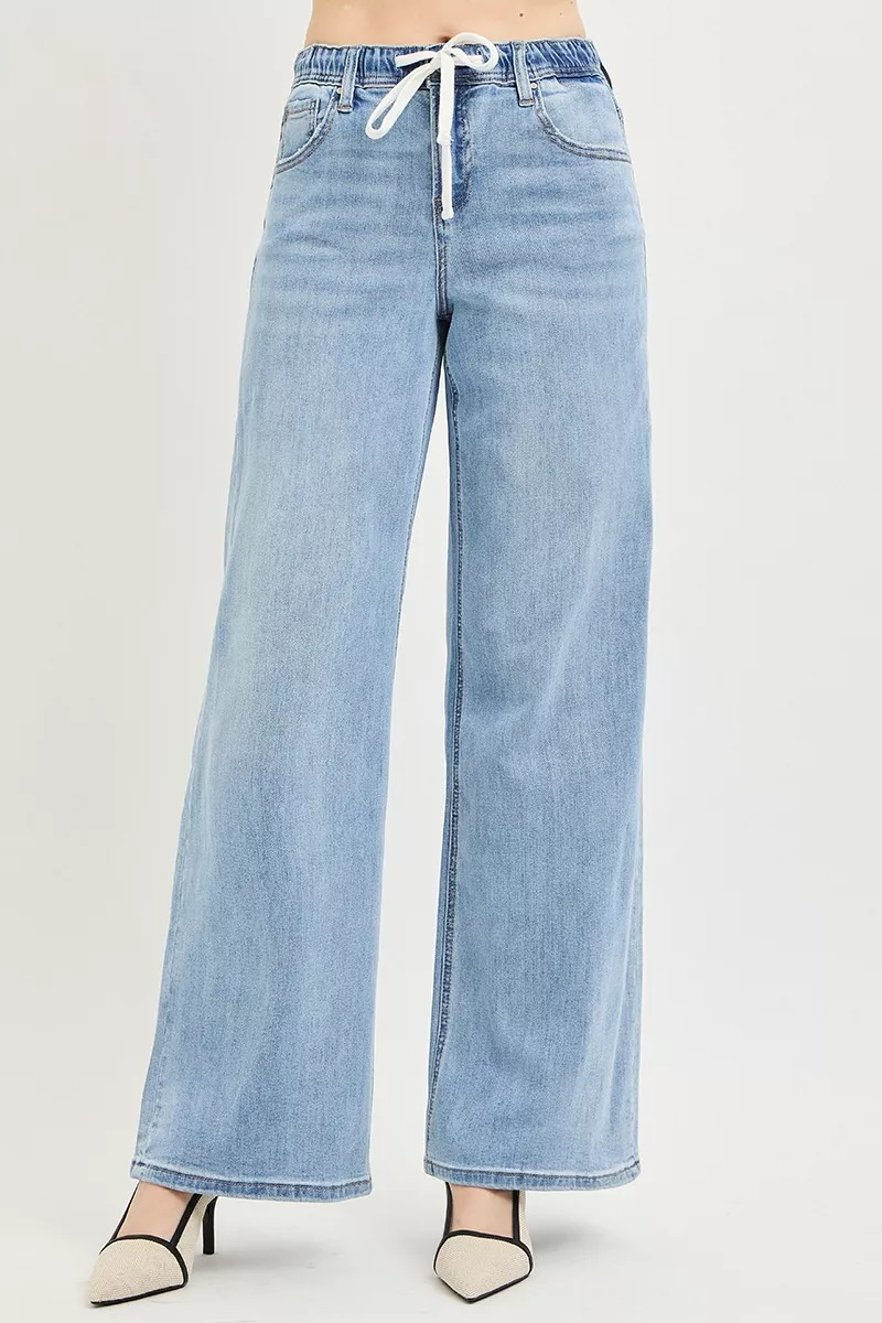 Elastic Band Slouchy Wide Jeans with Drawstring
