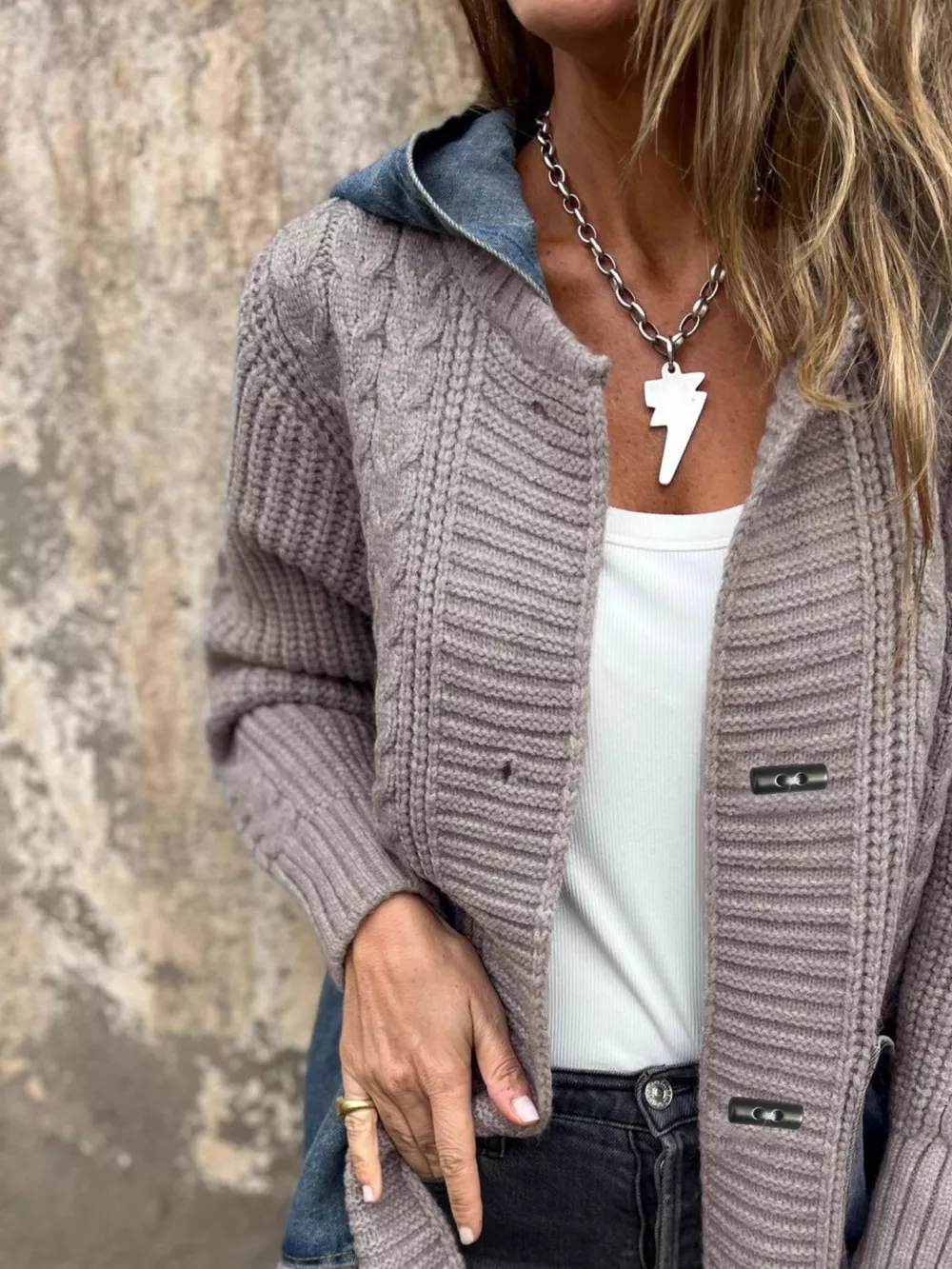 Full Size Hooded Cable Knit Longline Cardigan Plus Size, image 6