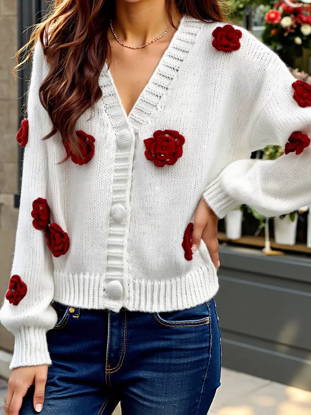 Rose Embellished V-Neck Cardigan, image 4