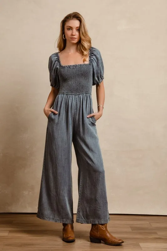 Smocked Washed Puff Sleeve Square Neck Denim Jumpsuit, image 3