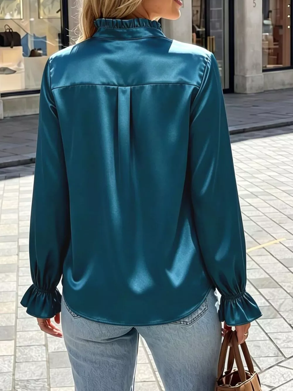 Elegant Button Down Ruffle Trim Satin Shirt, image 14