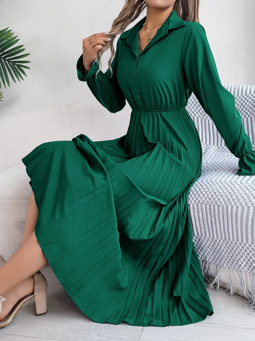 Pleated Half Button Long Sleeve Midi Dress, image 10