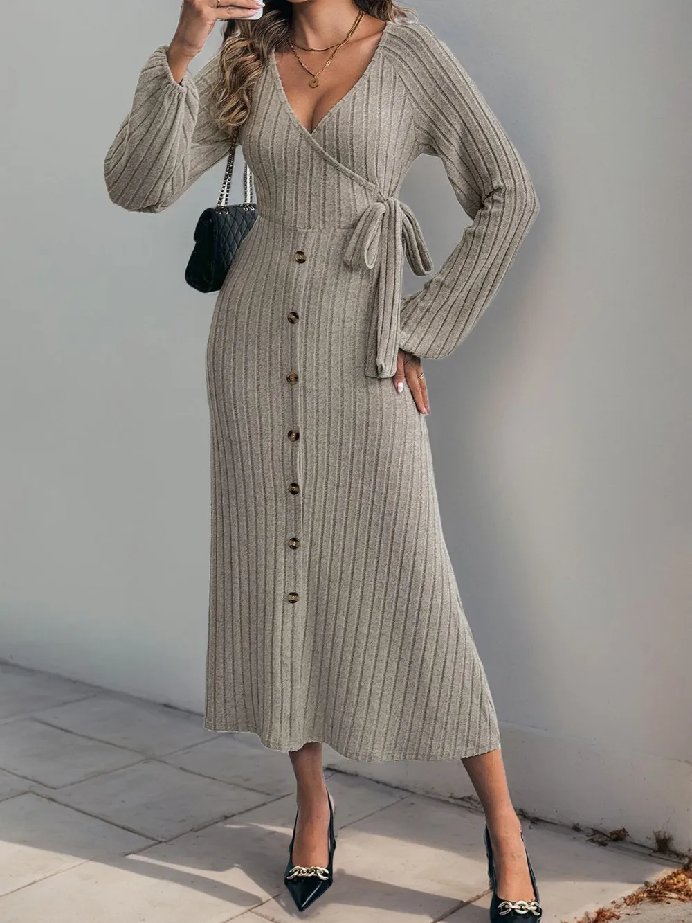 Ribbed Tied Surplice Long Sleeve Dress, image 4