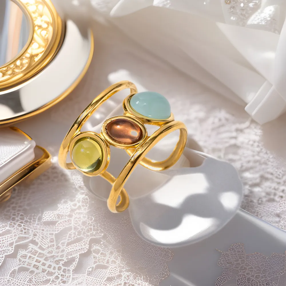 18K Gold-Plated Gemstone Open Cuff Ring