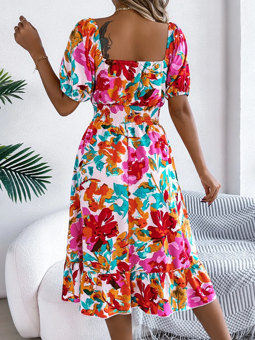 Ruffled Hem Smocked Floral Short Sleeve Midi Dress, image 5