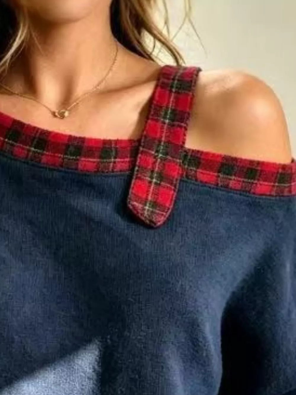 Full Size Cold-Shoulder Plaid Patchwork Long Sleeve Top Plus Size, image 3