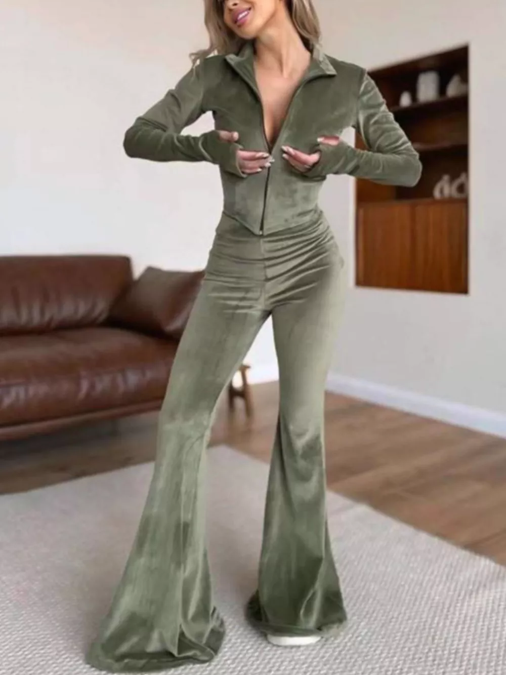 Zip-Up Crop Top and Flared Pants Two-Piece Set, image 3