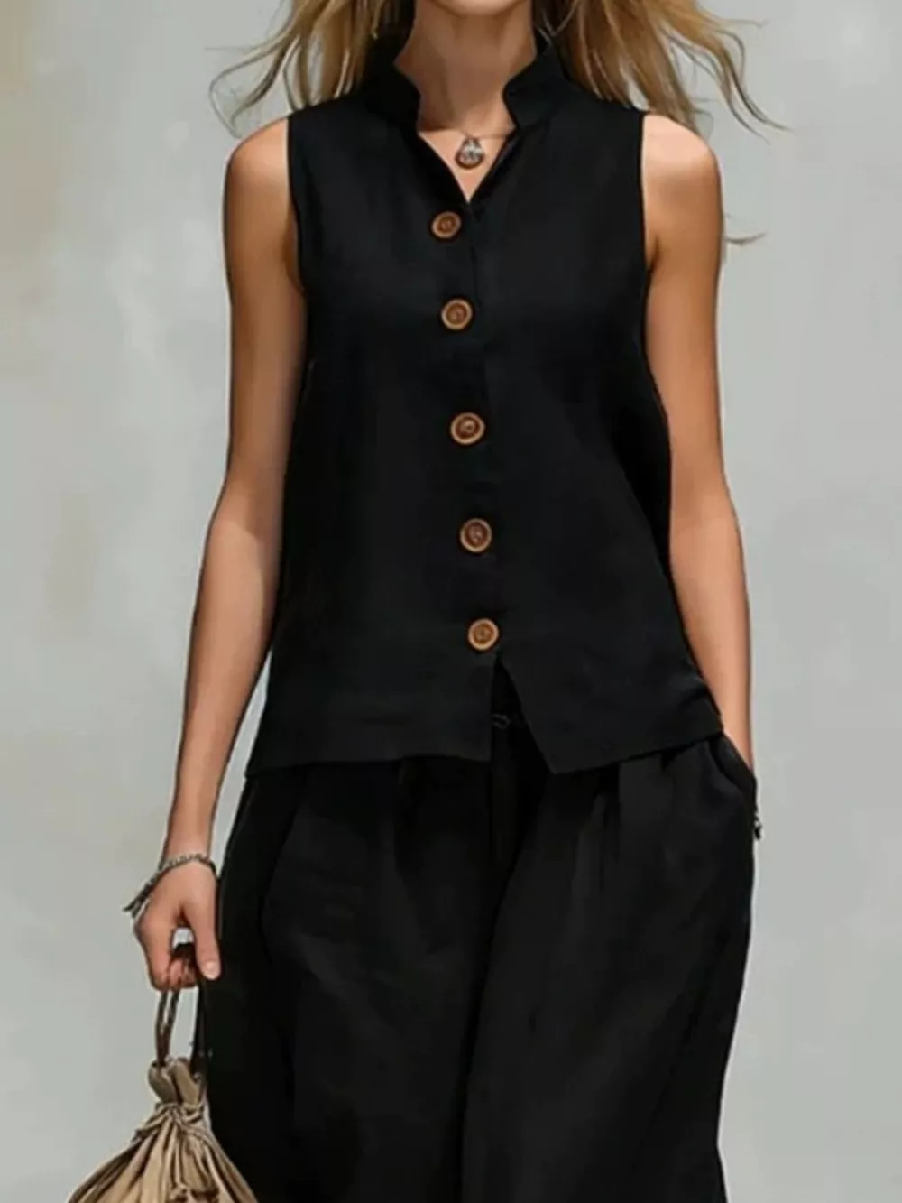 Sleeveless Button-Down Top and Wide-Leg Pant Set, image 8