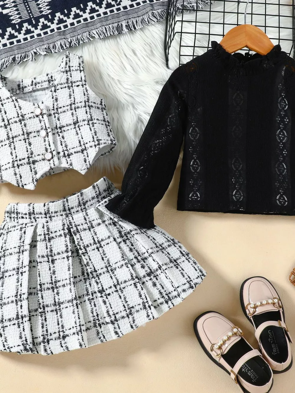 Children's Long Sleeve Top & Plaid Vest & Pleated Skirt Set, image 5