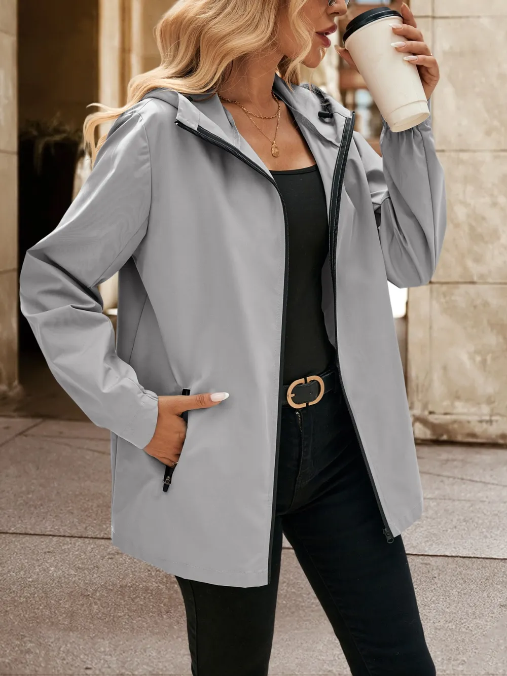 Pocketed Zip Up Hooded Jacket, image 5
