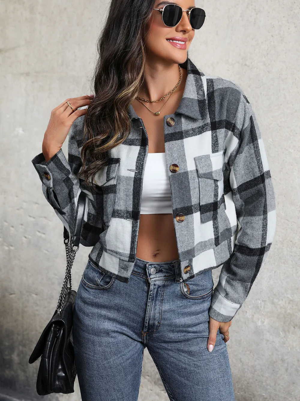 Plaid Button Up Drop Shoulder Cropped Jacket, image 4