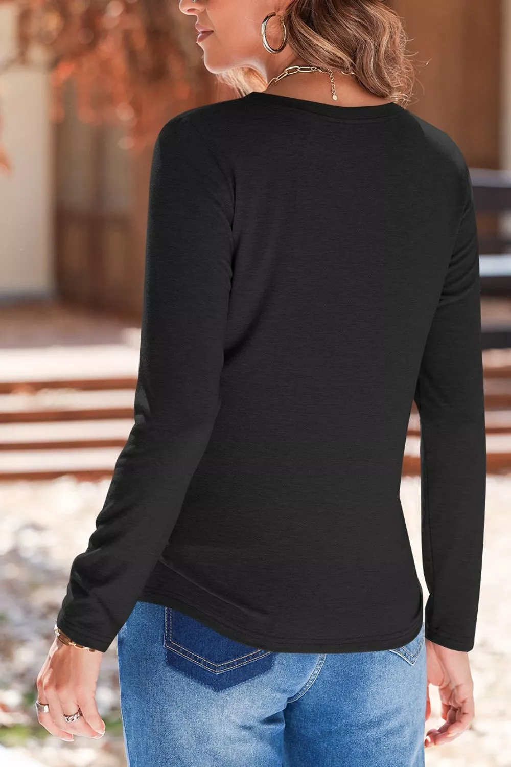 Solid Color V Neck Long Sleeve Stretchy Top, image 18