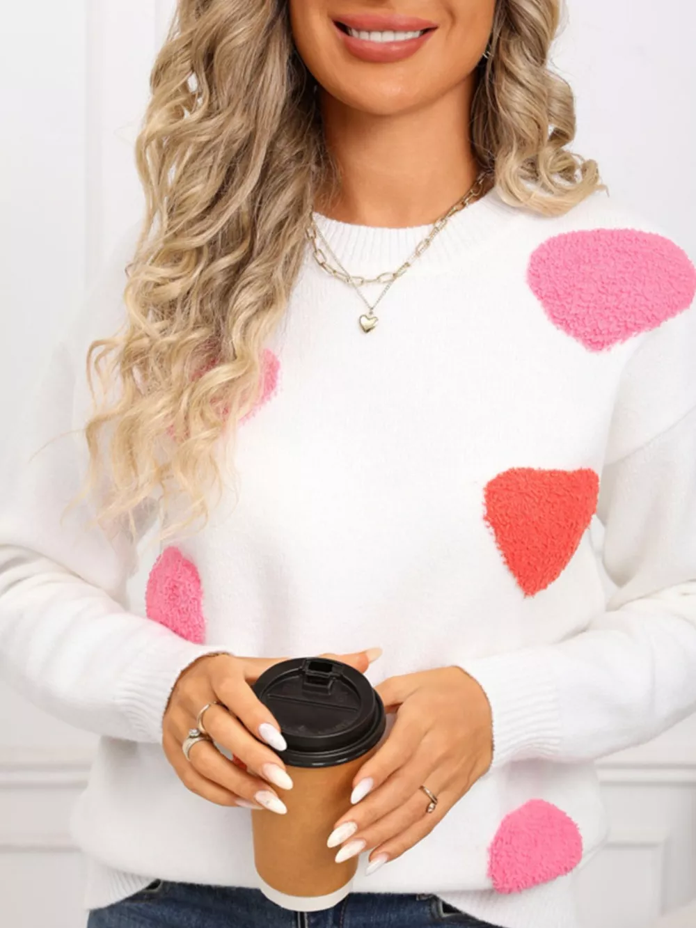 Valentine's Day Heart Pattern Long Sleeve Sweater, image 9