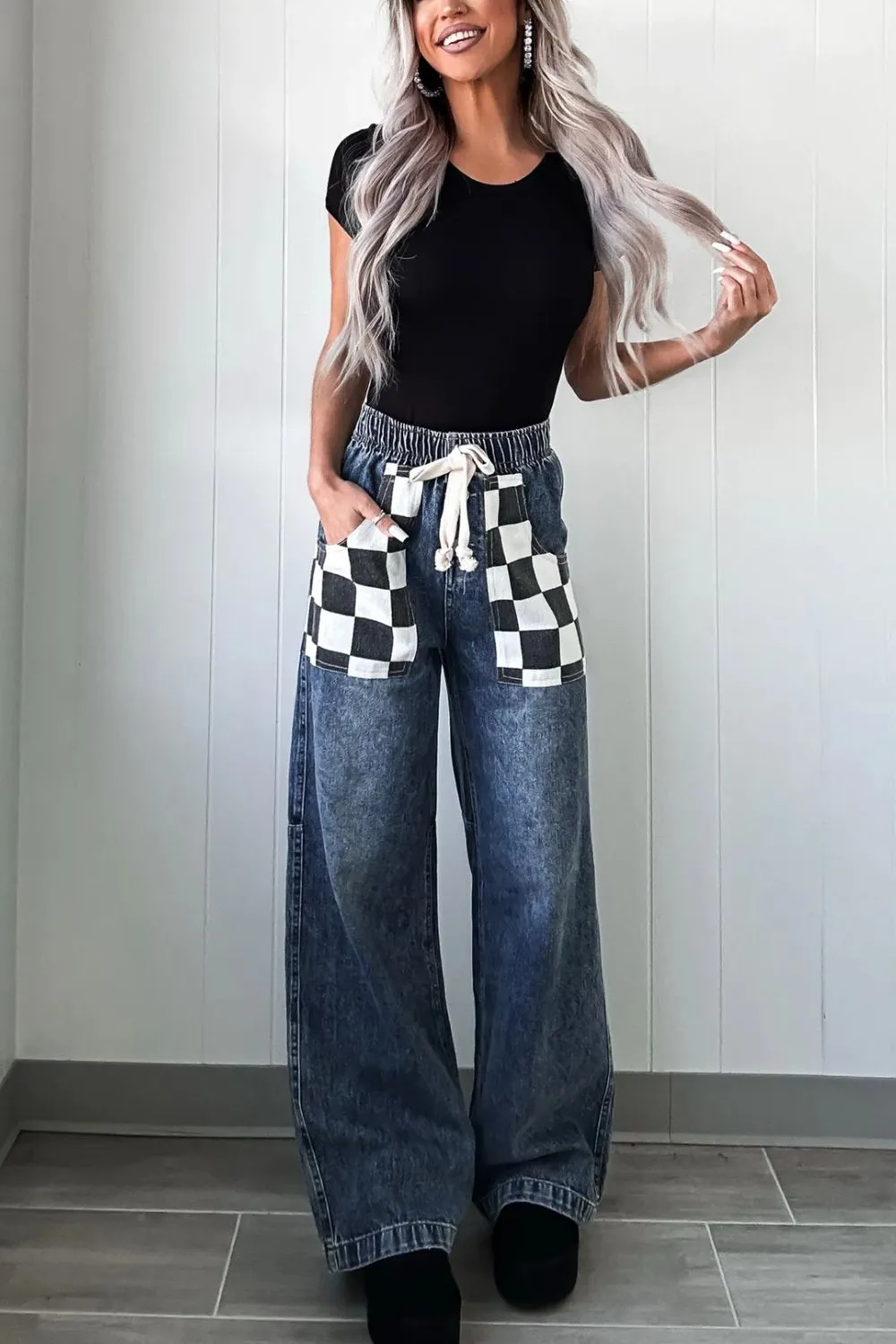 Checkered Wide Leg Jeans, image 2