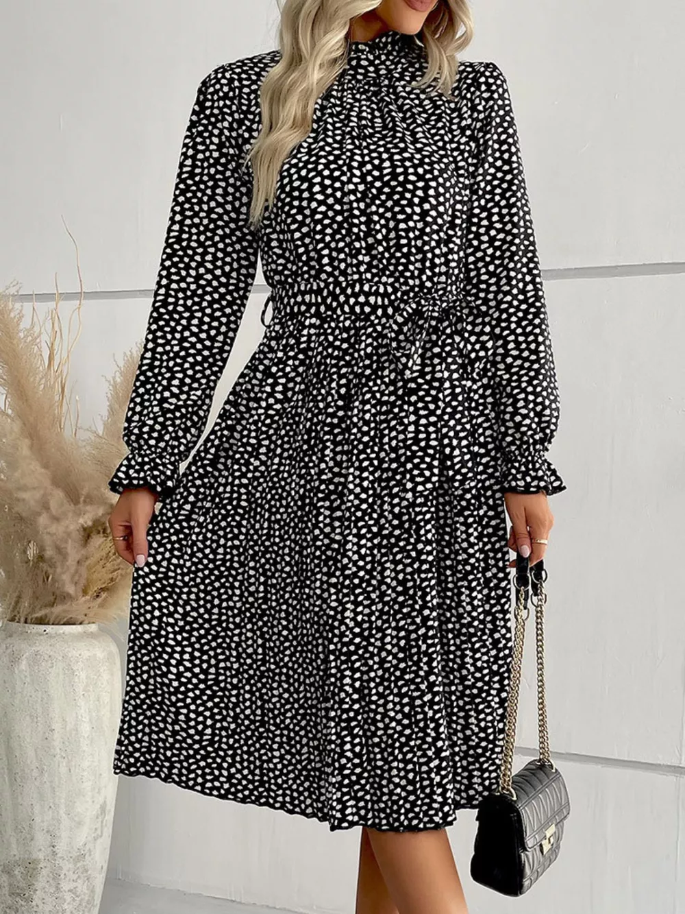 Animal Print Mock Neck Flounce Sleeve Dress