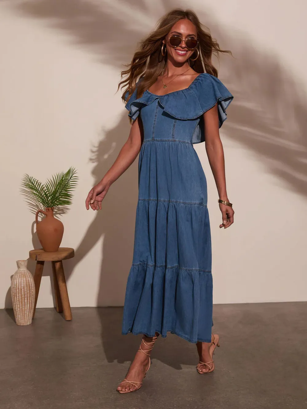 Off Shoulder Ruffle Tiered Denim Dress, image 2
