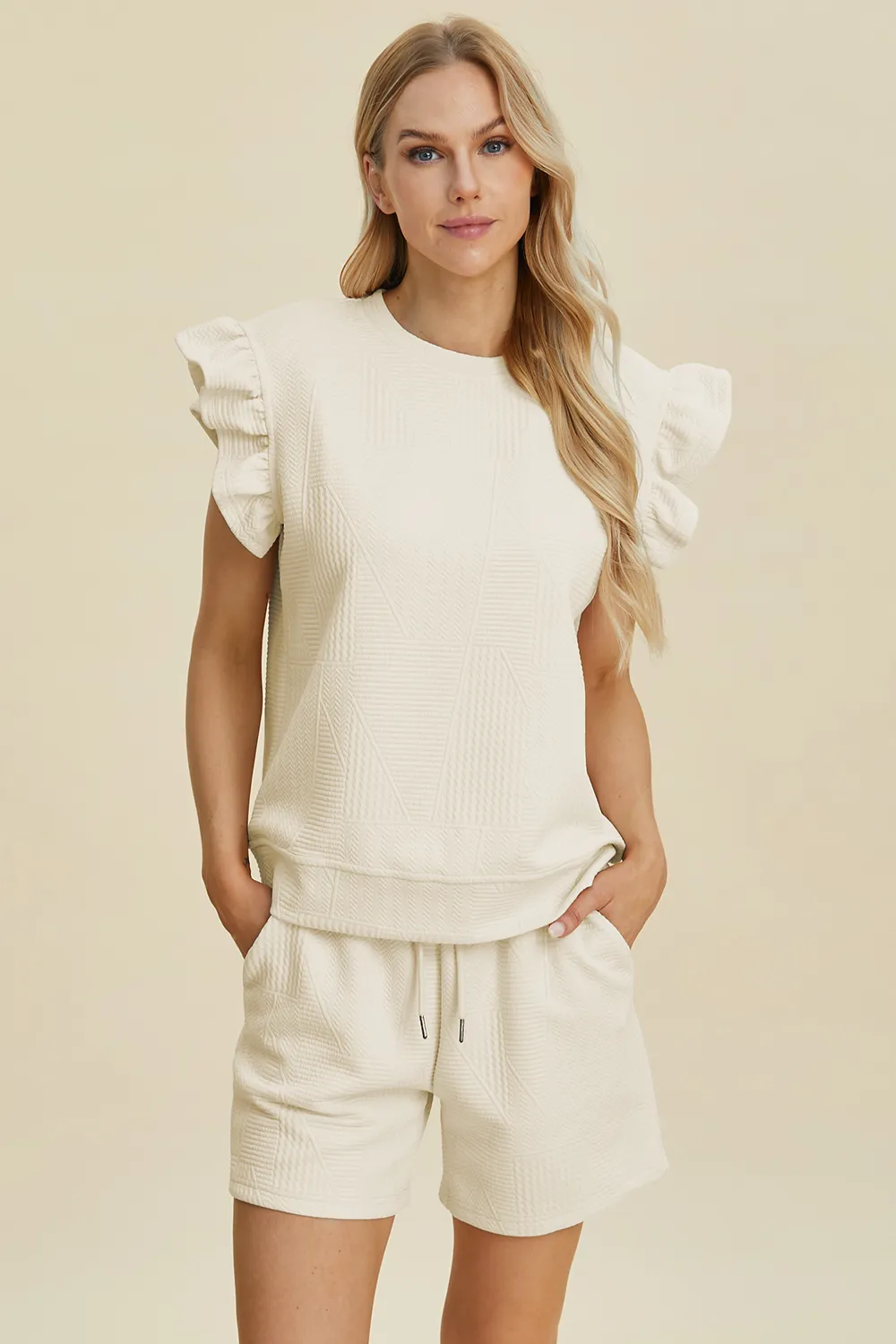 Full Size Texture Round Neck Ruffle Sleeve Top and Shorts Set, image 9