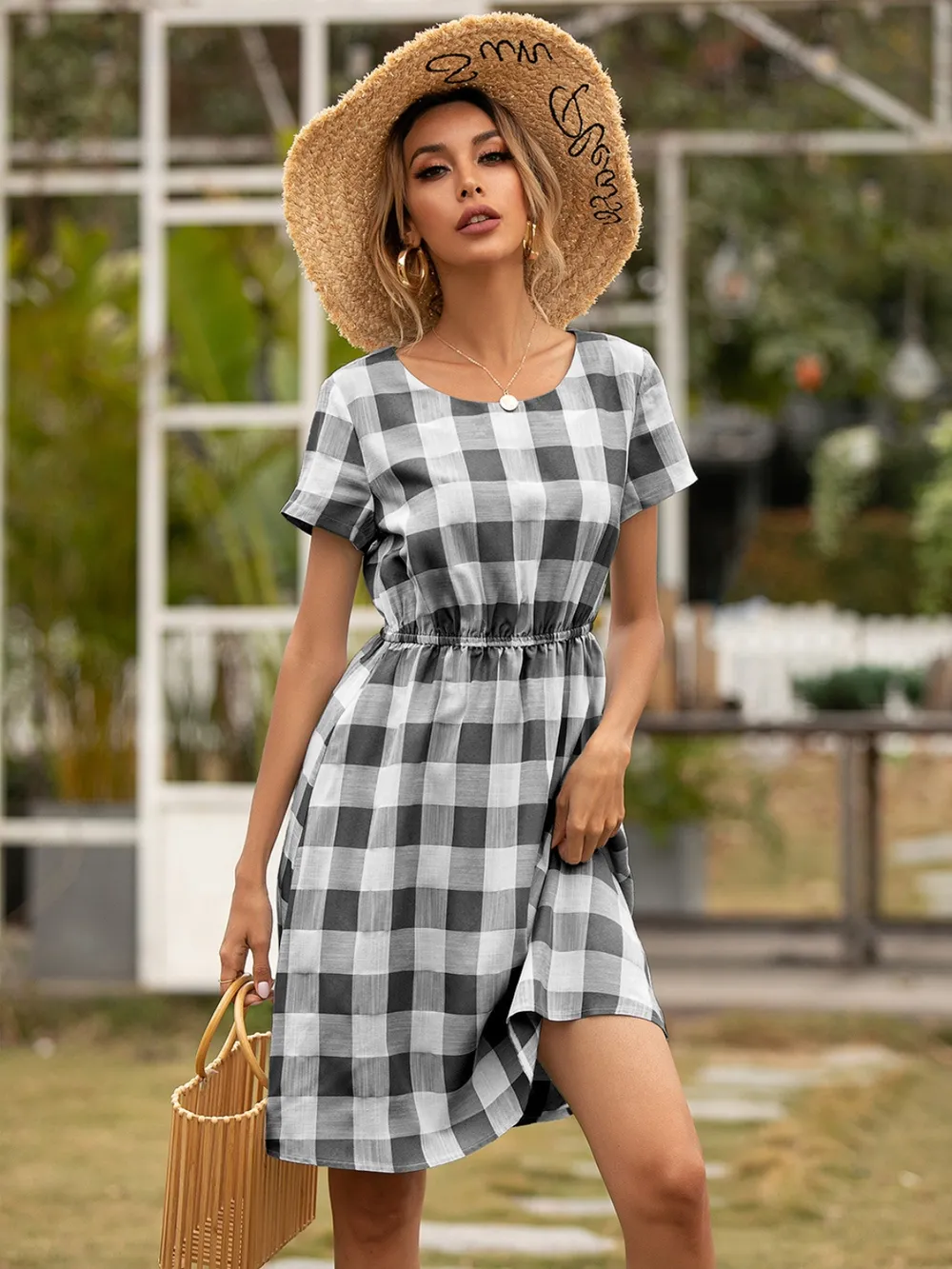 Smocked Plaid Round Neck Short Sleeve Dress, image 7