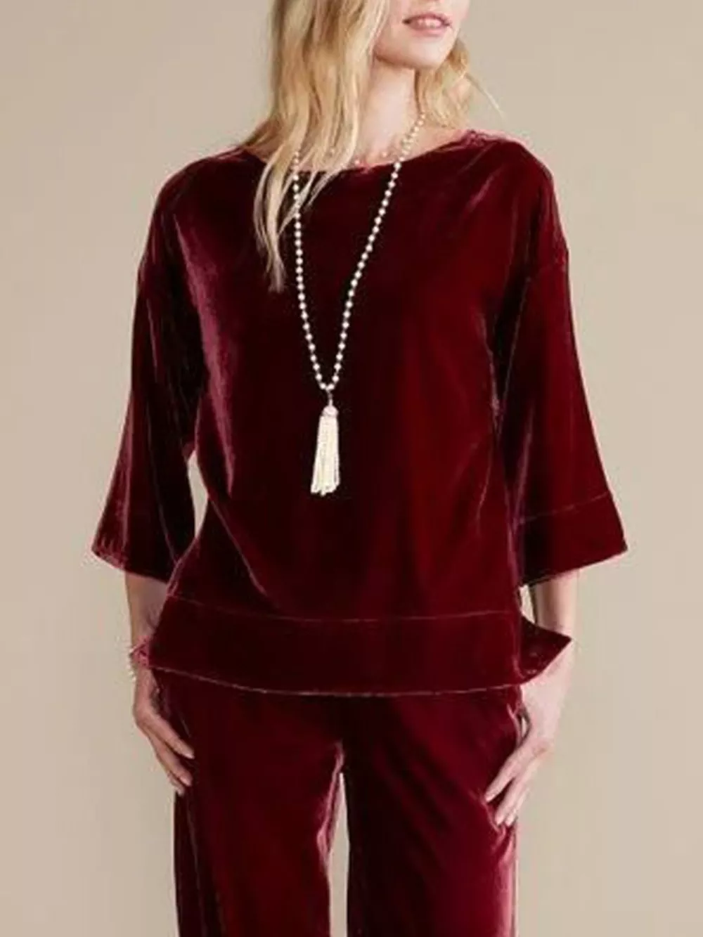 Velvet Boat-Neck T-Shirt with Three-Quarter Sleeves, image 5