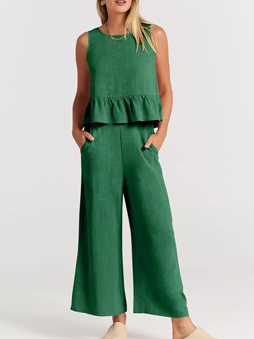 Full Size Ruffled Hem Sleeveless Top and Wide-Leg Pants Set Plus Size, image 14