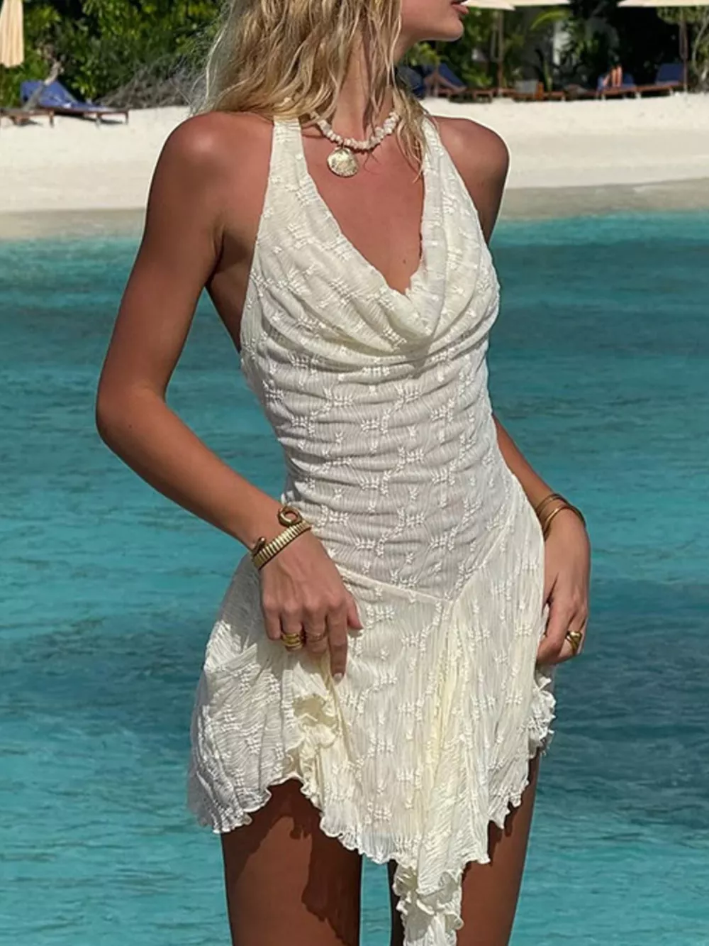 Halter Neck Asymmetrical Hem Mini Dress, image 3