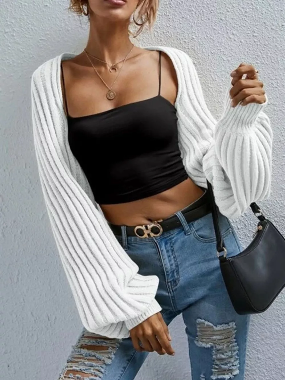 Cropped Ribbed Knit Cardigan, image 4