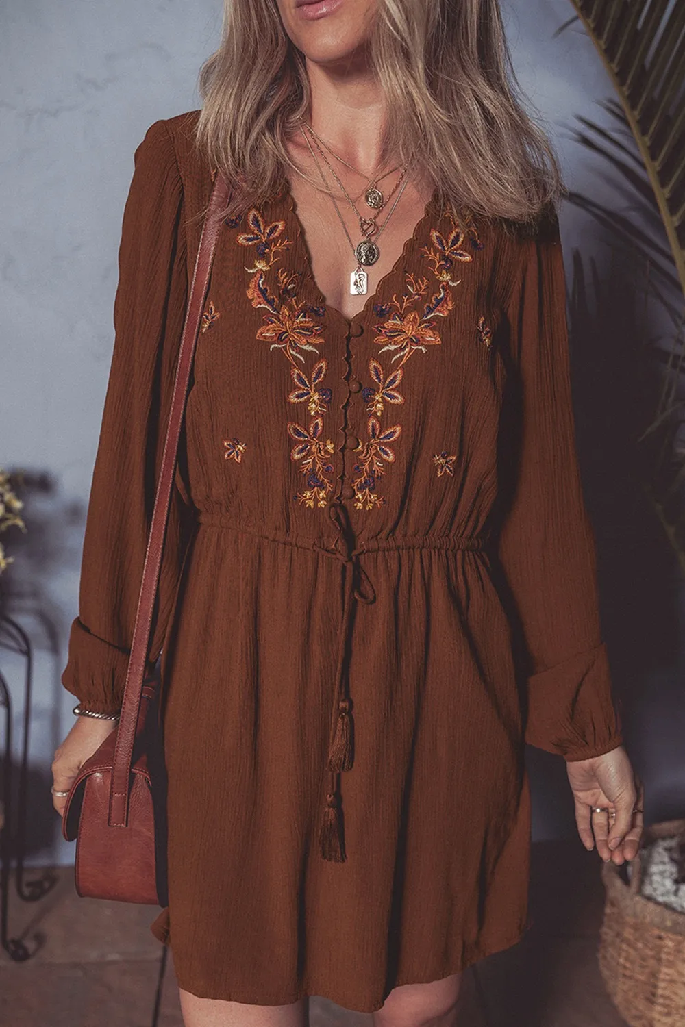 Floral Embroidered Long Sleeve Mini Dress, image 2