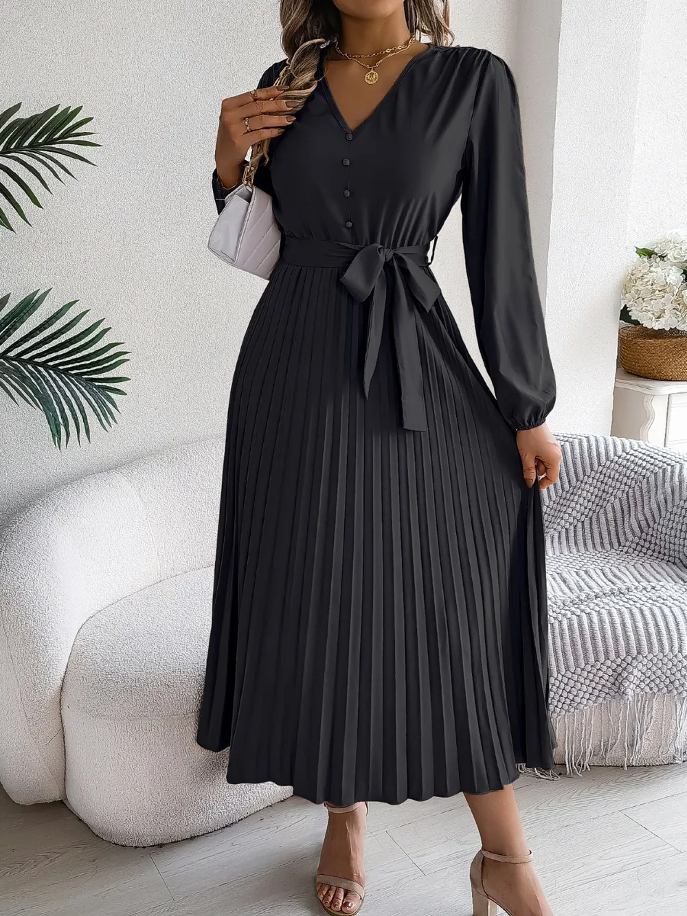 Pleated Tied V-Neck Long Sleeve Dress, image 29