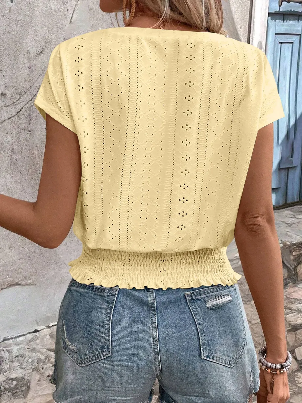 Eyelet V-Neck Short Sleeve Blouse, image 4