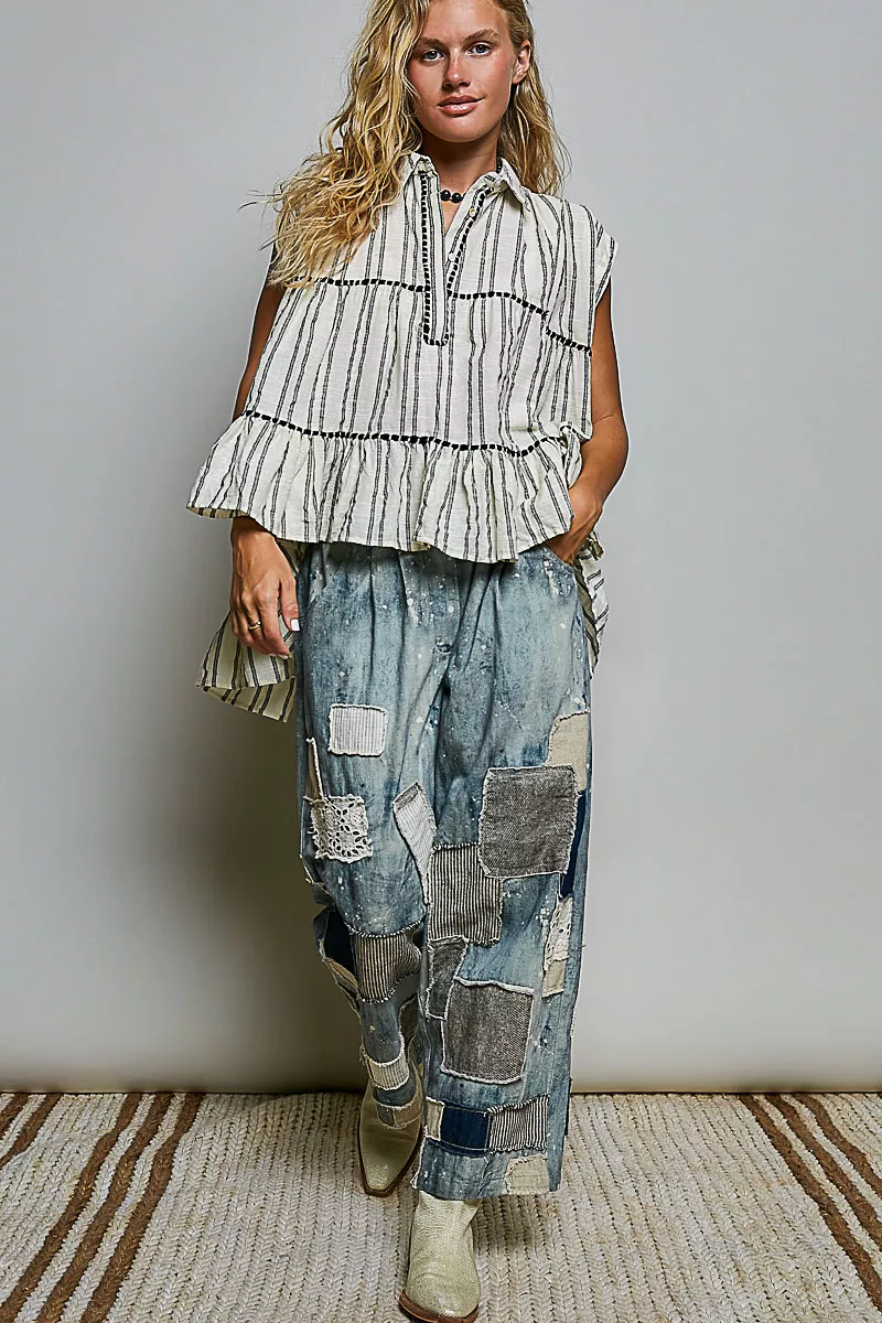 POL Striped Ruffle Collared Sleeveless Cotton Top, image 5
