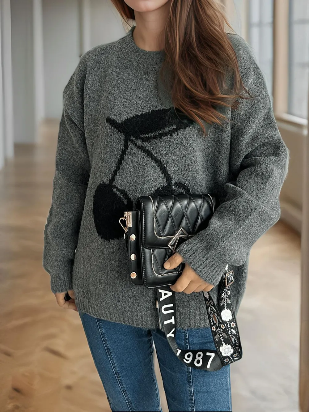 Cherry Round Neck Long Sleeve Sweater, image 6