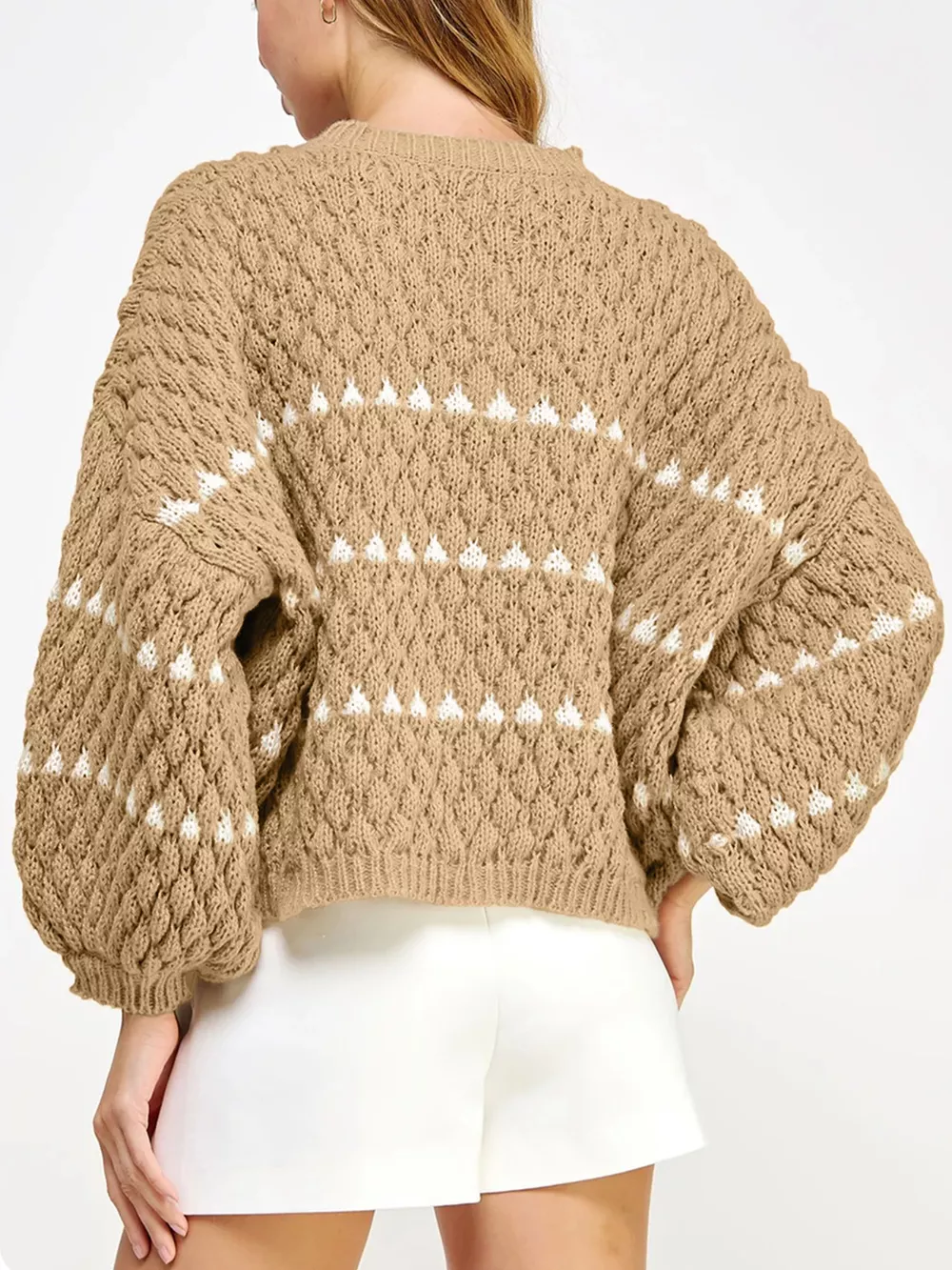 Contrast Detail Textured Knit Puff Sleeve Baggy Sweater, image 5