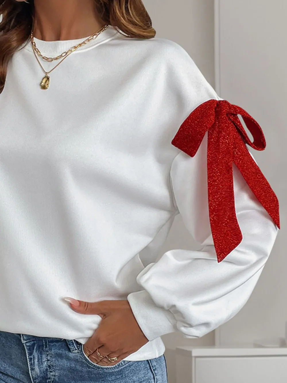 Bow Round Neck Long Sleeve Sweatshirt, image 4