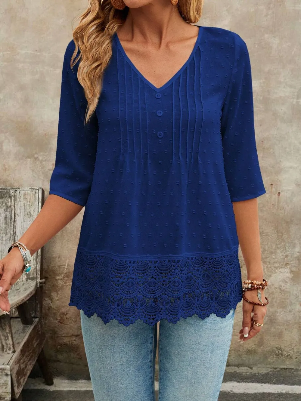 Lace Hem V-Neck Blouse, image 2