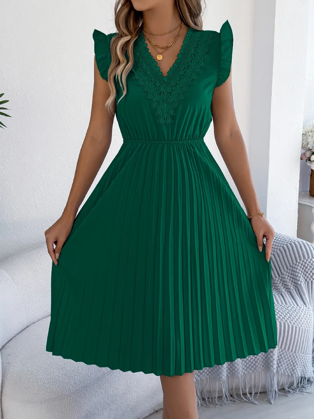 Lace Detail Ruffled Cap Sleeve Pleated Dress, image 4