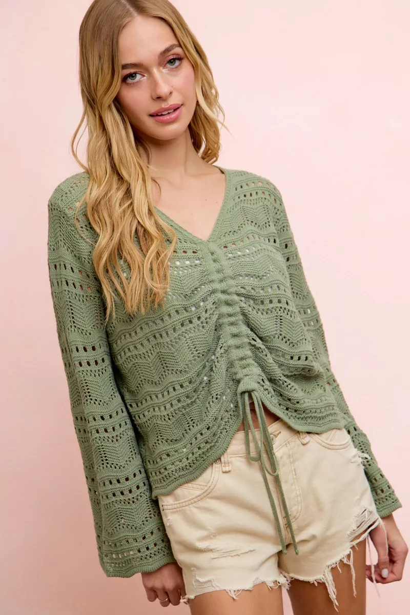 Pointelle Knit V Neck Ruched Front Lightweight Top, image 11