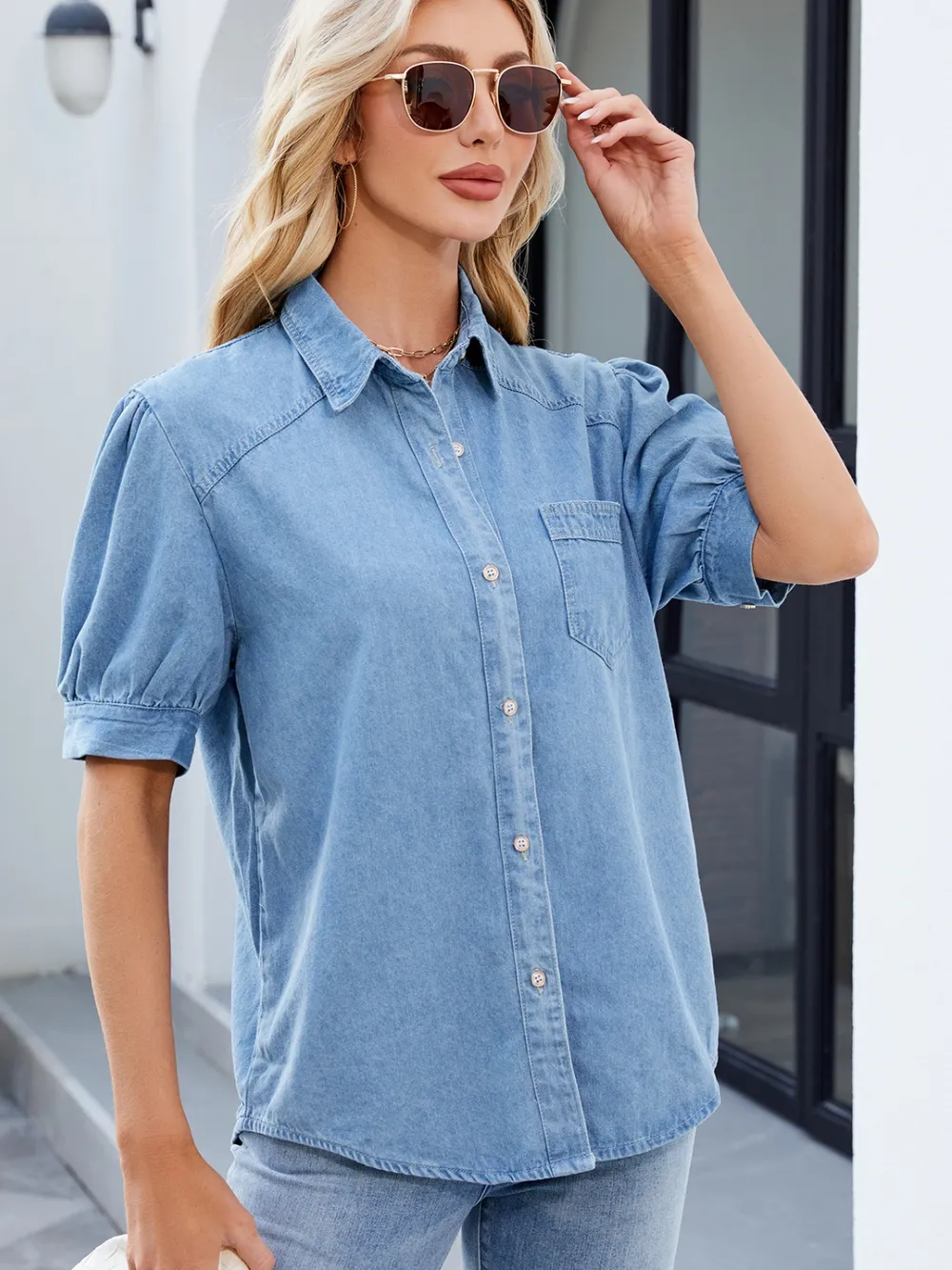 Collared Neck Button Up Denim Shirt, image 4