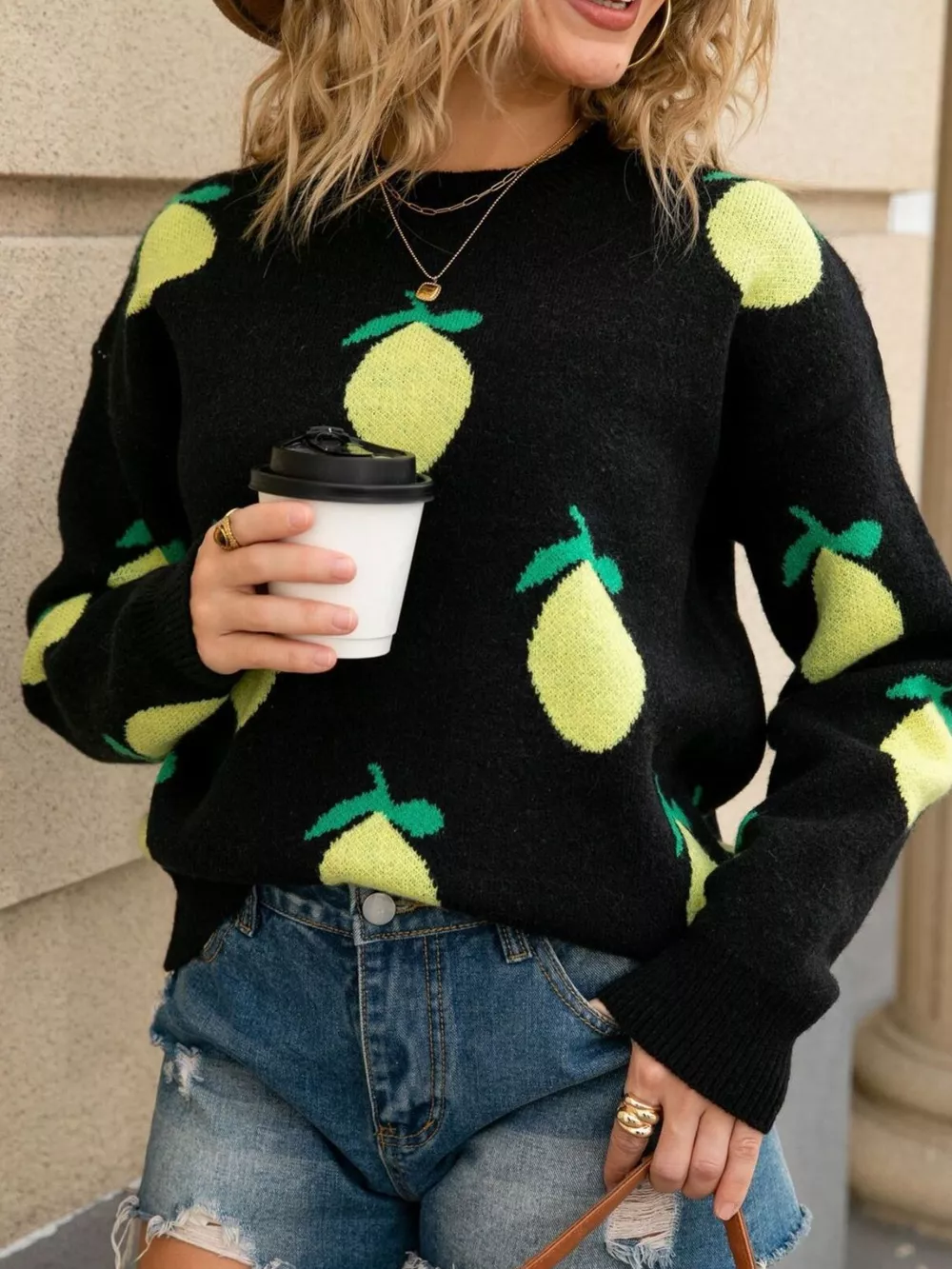 Lemon Crew Neck Round Neck Sweater, image 6