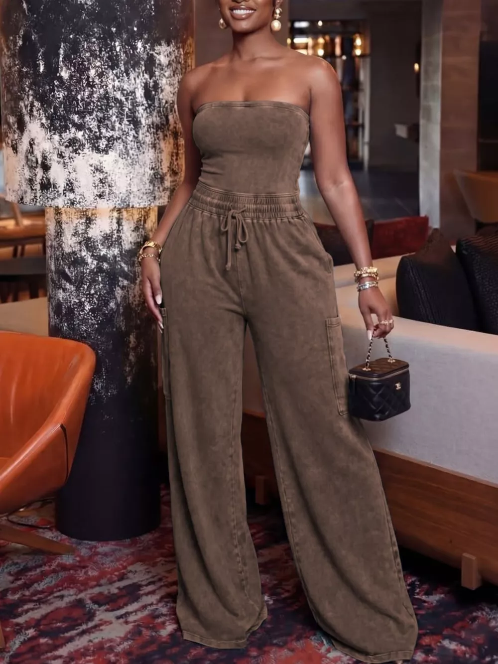 Drawstring Strapless Wide-Leg Jumpsuit, image 9