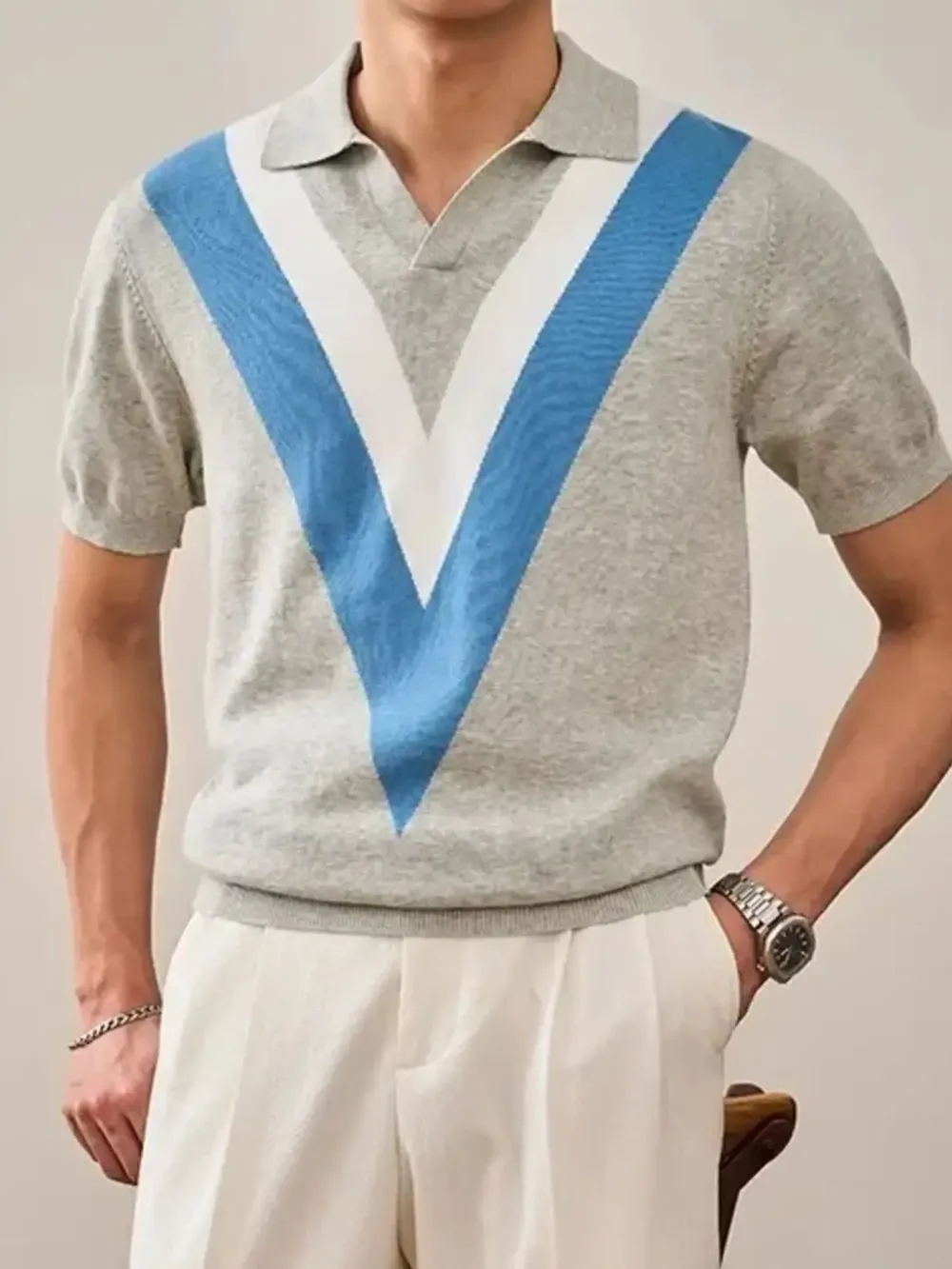 Men's Plus Size V-Pattern Contrast Knit Polo Shirt, image 14