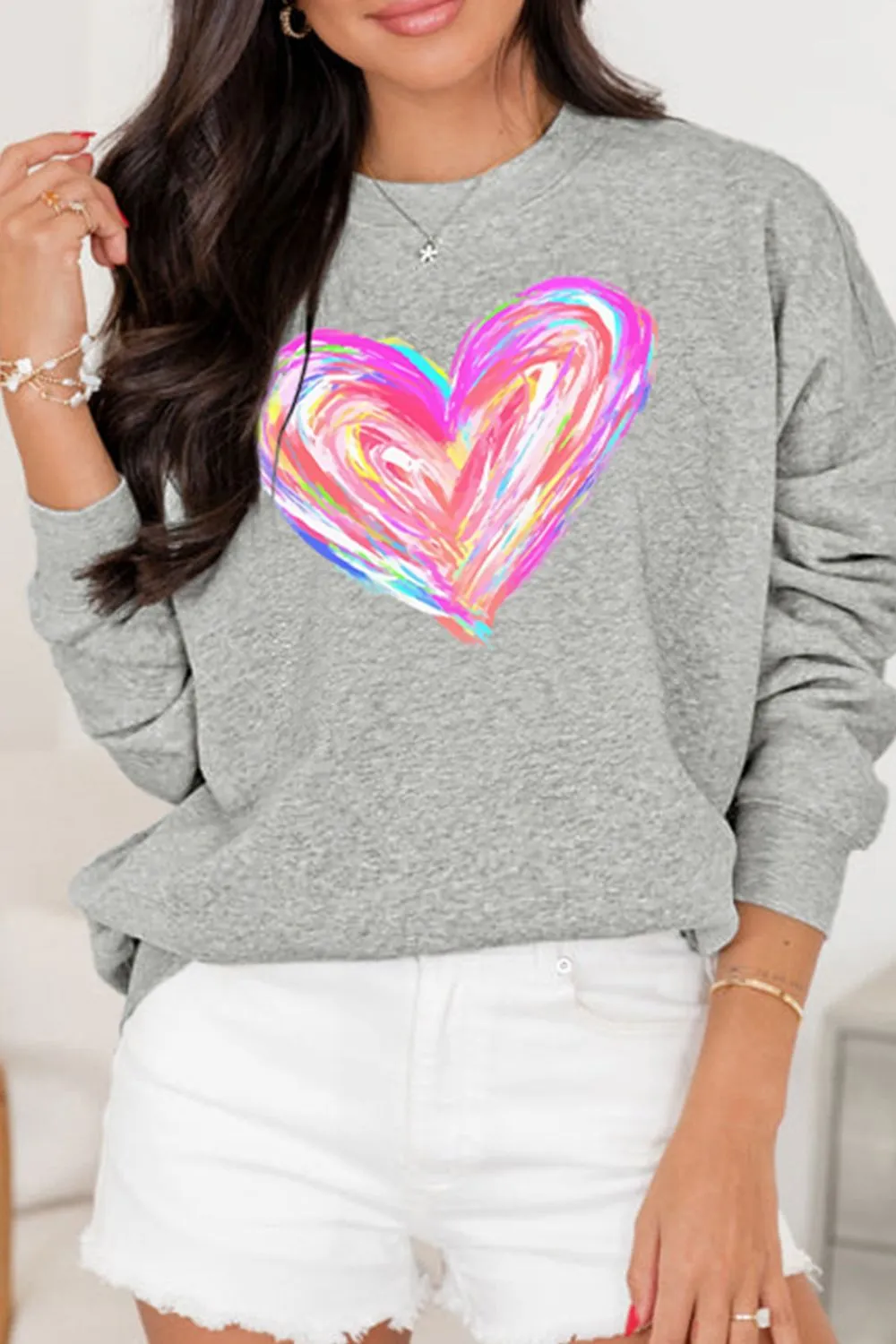 Valentine’s Day Heart Round Neck Drop Shoulder Sweatshirt, image 2