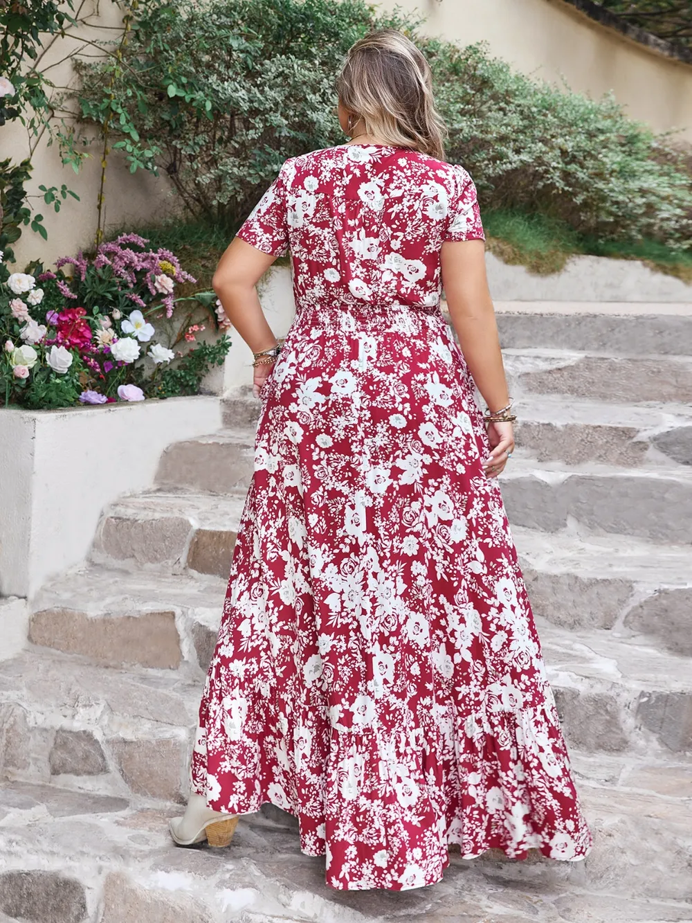 Plus Size Slit Printed V-Neck Maxi Dress, image 3